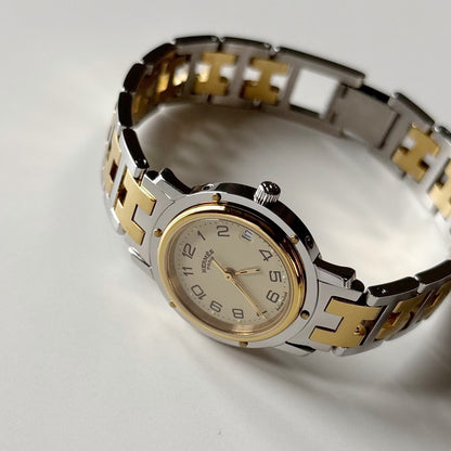 Hermes 1990s Clipper Date Round Dial Gold Plated Two Tone Watch