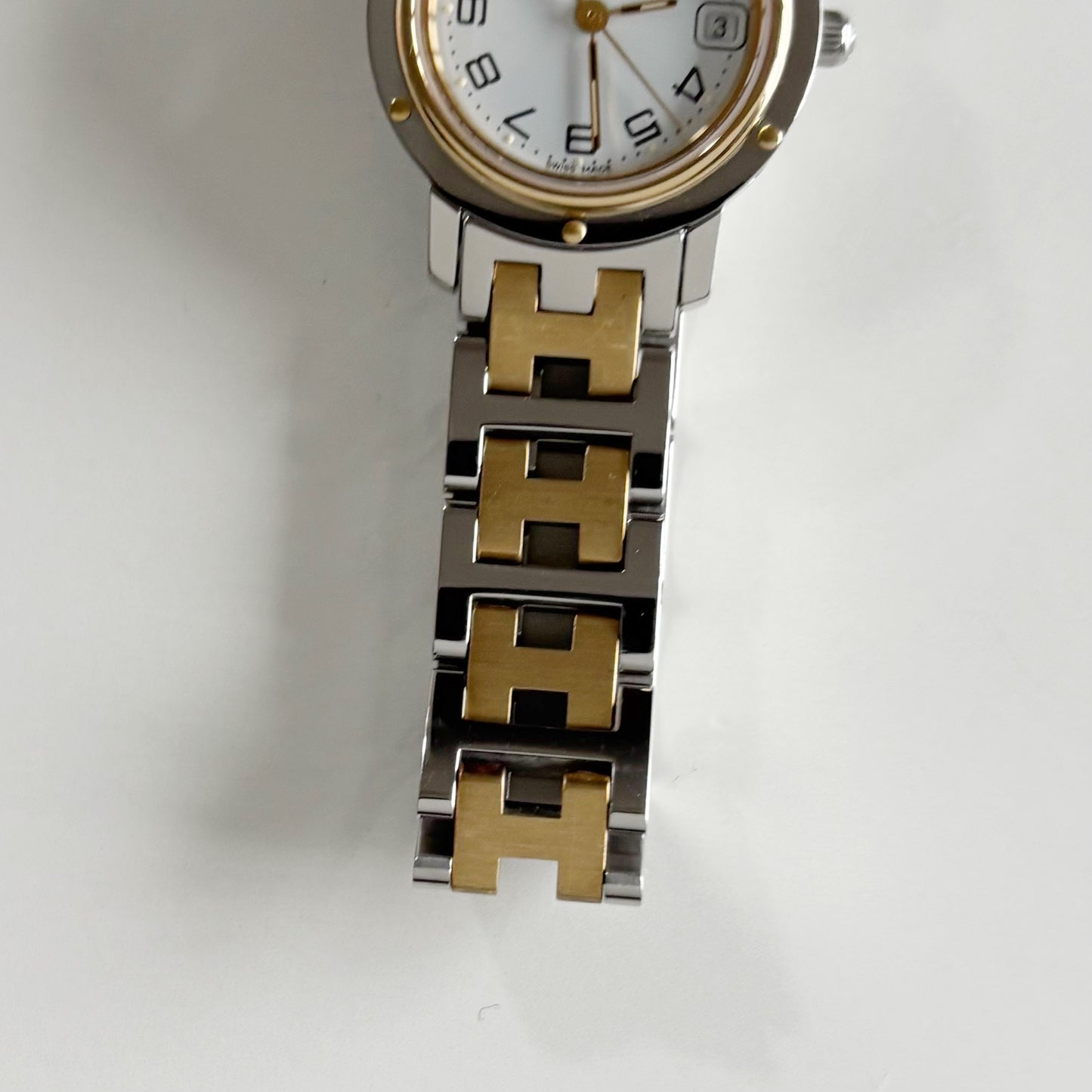 Hermes 1990s Date White Dial Clipper Two Tone Watch