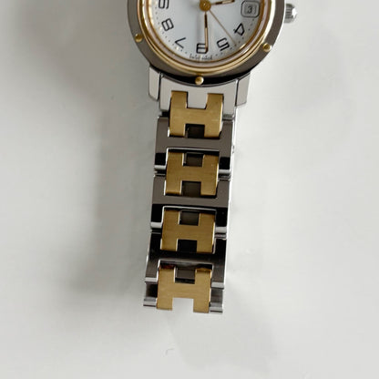 Hermes 1990s Date White Dial Clipper Two Tone Watch