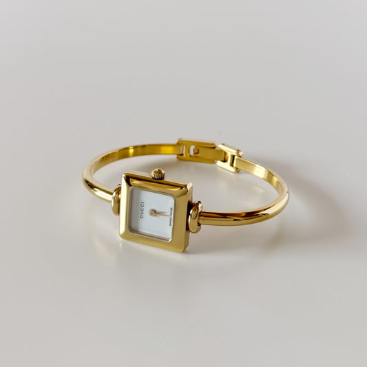 Gucci 1990s Square Dial Gold Plated Bangle Watch