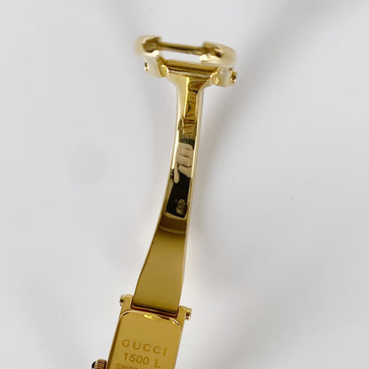 Gucci 1990s Black Dial Rectangular Gold Plated Bangle Watch