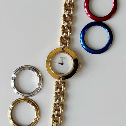 Gucci 1990s Interchangeable Bezel Gold Plated Rice Chain Watch with 6 bezels, case (165mm)