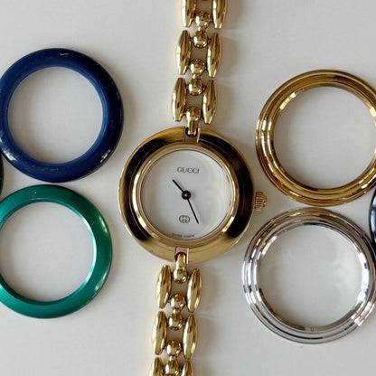 Gucci 1990s Interchangeable Bezel Gold Plated Rice Chain Watch with case, 6 bezels (165mm)