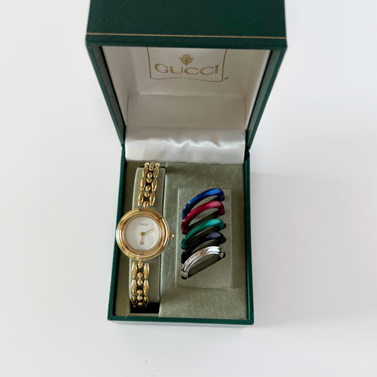 Gucci 1990s Interchangeable Bezel Gold Plated Rice Chain Watch with 6 bezels, case (172mm)