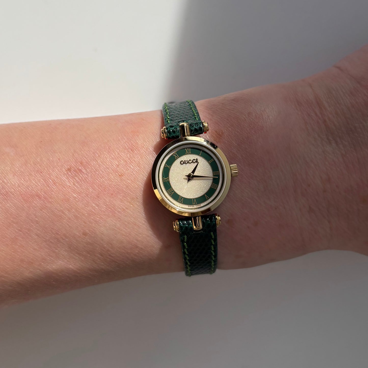 Gucci 1990s Round Dial Green Gold Plated Watch