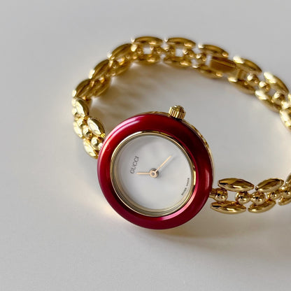 Gucci 1990s Interchangeable Bezel Gold Plated Rice Chain Watch with case, 6 bezels (160mm)
