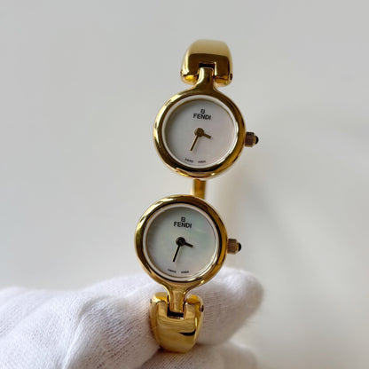 Fendi 1990s Seashell Dial Two Time Zone Gold Plated Bangle Watch