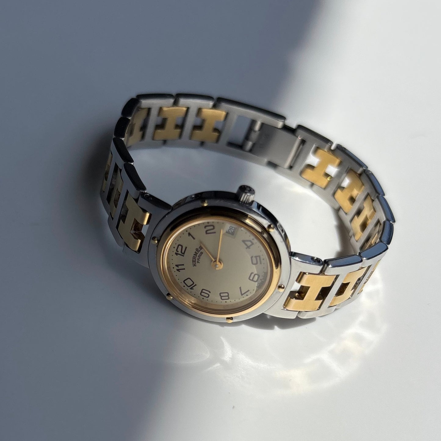 Hermes 1990s Cream Round Dial Gold Plated Two Tone Watch