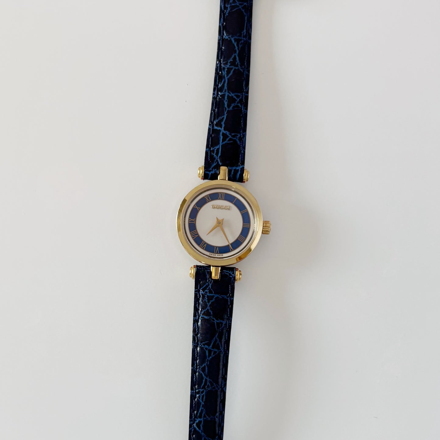 Gucci 1990s Round Dial Blue Gold Plated Watch