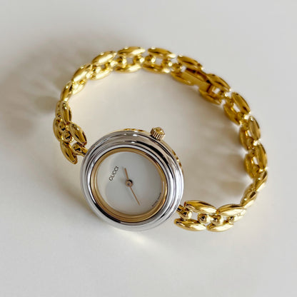 Gucci 1990s Interchangeable Bezel Gold Plated Rice Chain Watch with 6 bezels, case (160mm)