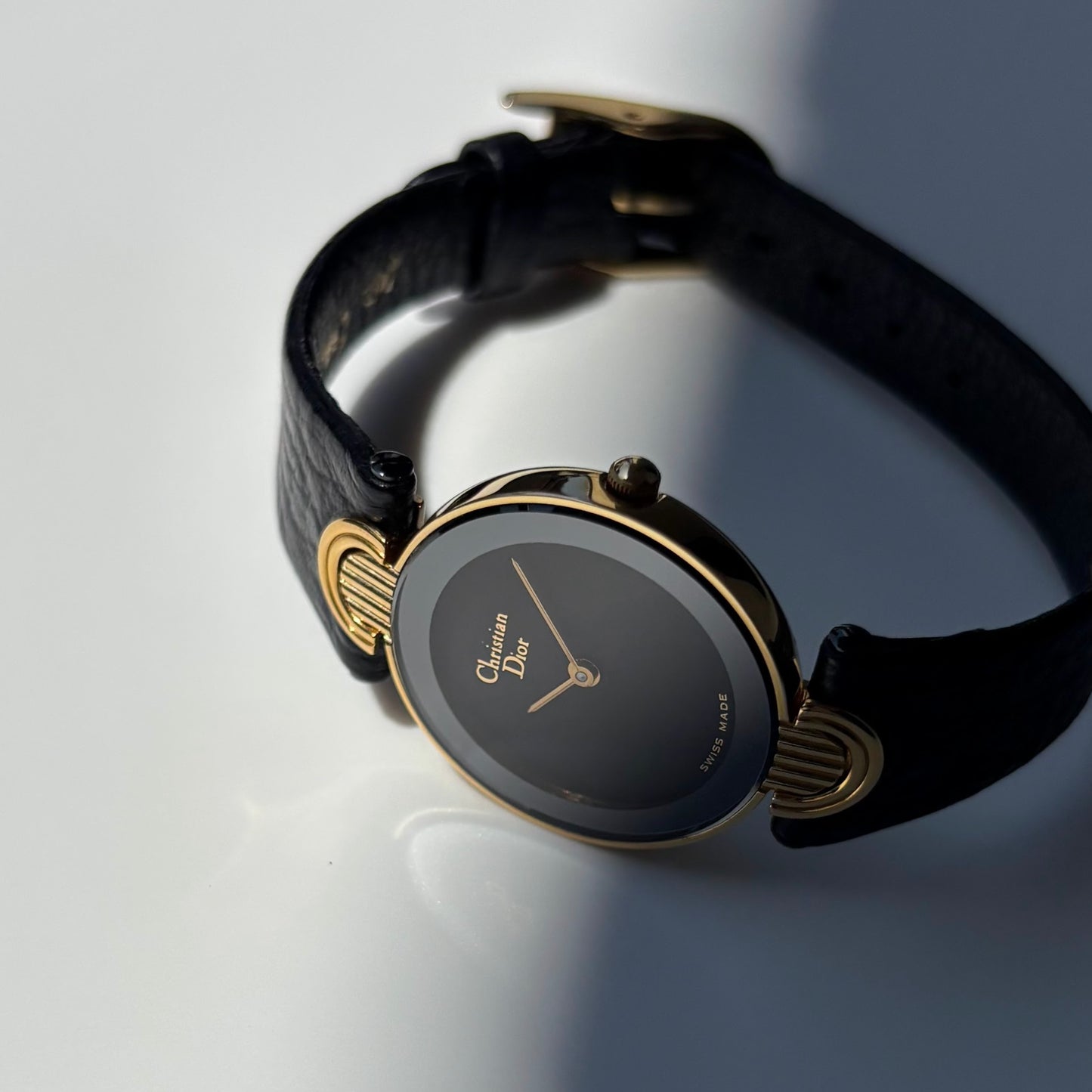 Dior 1990s Black Round Dial Gold Plated Watch