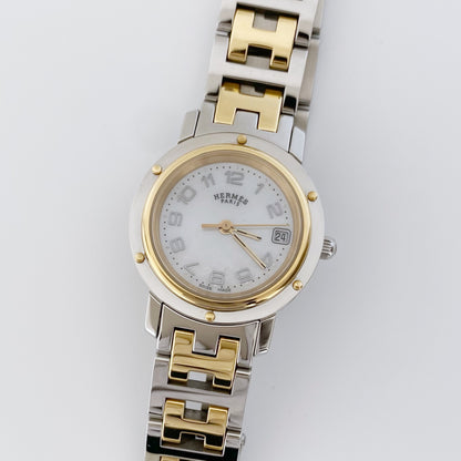 Hermes 1990s Clipper Seashell Dial Two Tone Watch