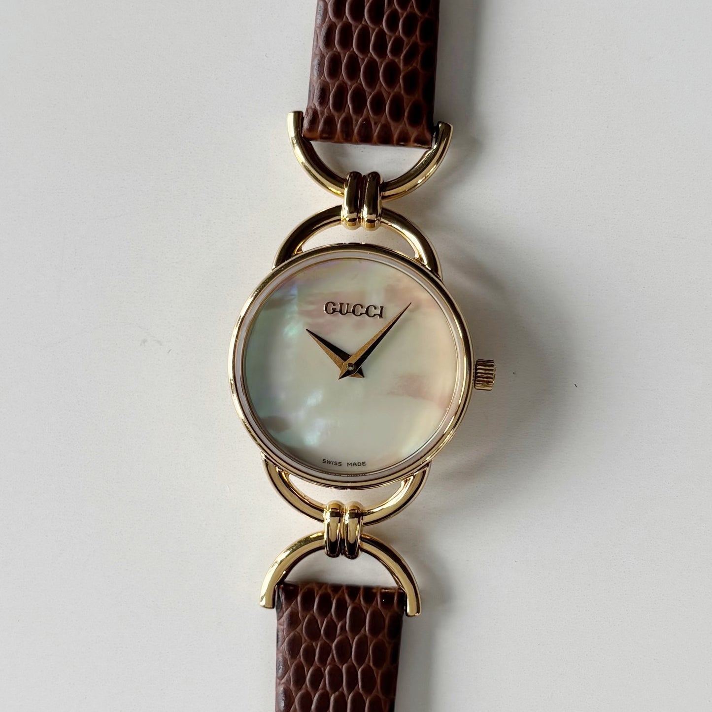 Gucci 1990s Seashell Dial Gold Plated Horsebit Gold Plated Watch