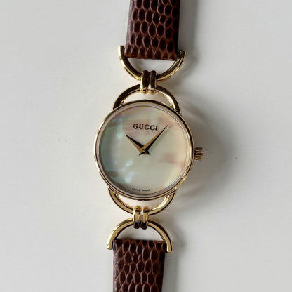 Gucci 1990s Seashell Dial Gold Plated Horsebit Gold Plated Watch