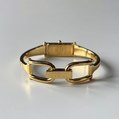 Gucci 1990s Gold Rectangular Dial Gold Plated Bangle Watch