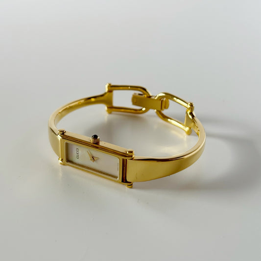 Gucci 1990s Seashell Dial Rectangular Gold Plated Bangle Watch