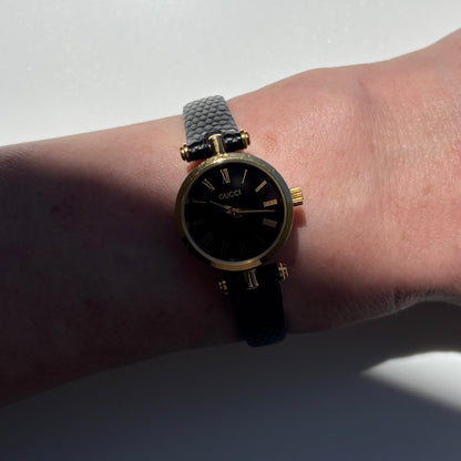Gucci 1990s Black Round Dial Gold Plated Watch
