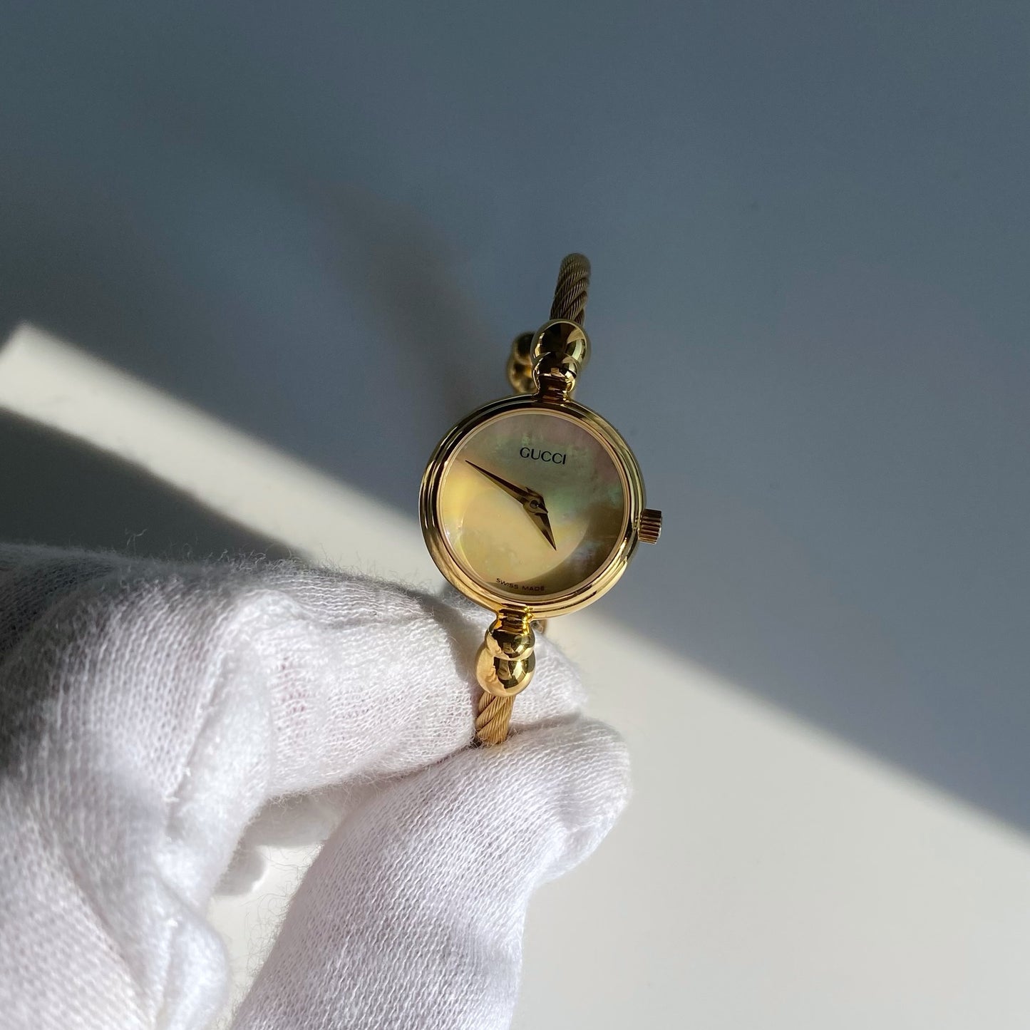 Gucci 1990s Seashell Dial Gold Plated Bangle Watch