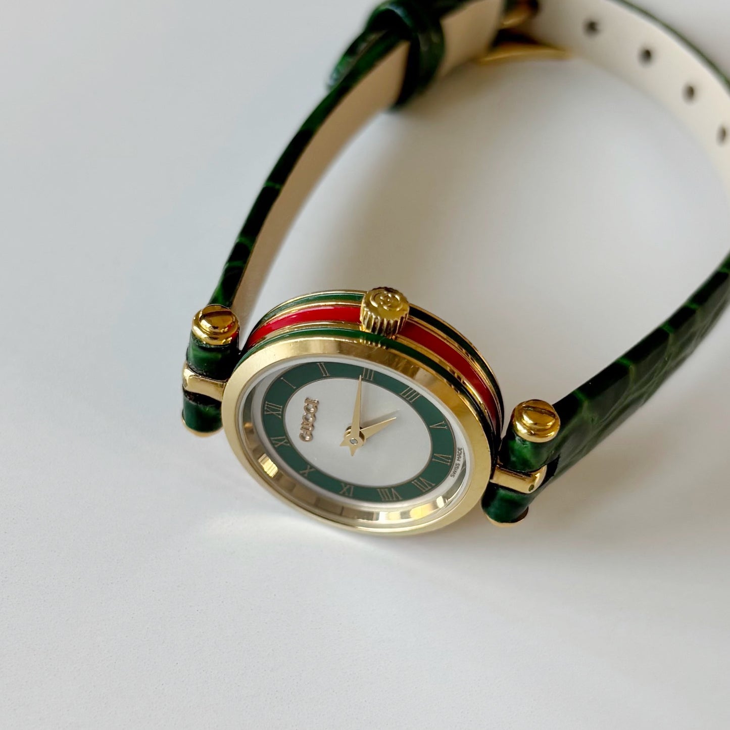 Gucci 1990s Green Round Dial Gold Plated Watch