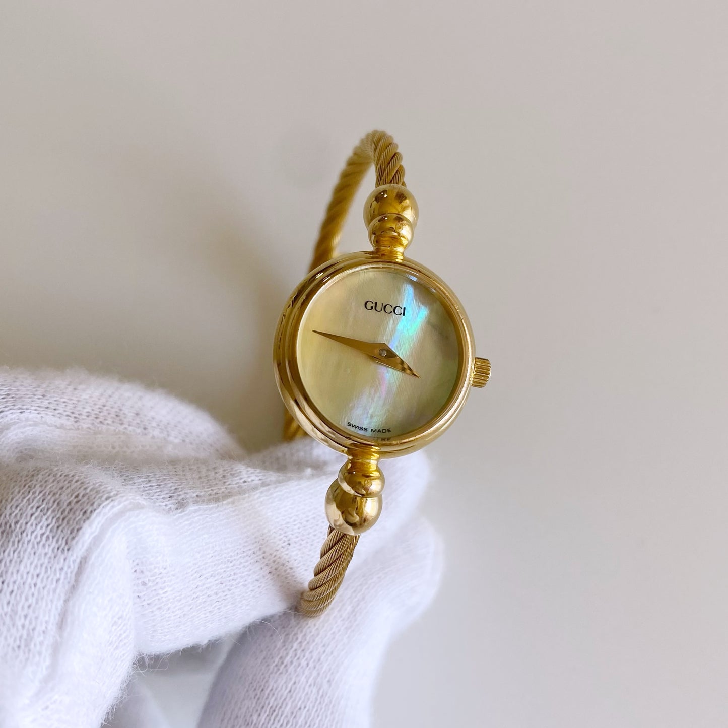Gucci 1990s Seashell Dial Gold Plated Cable Bangle Watch