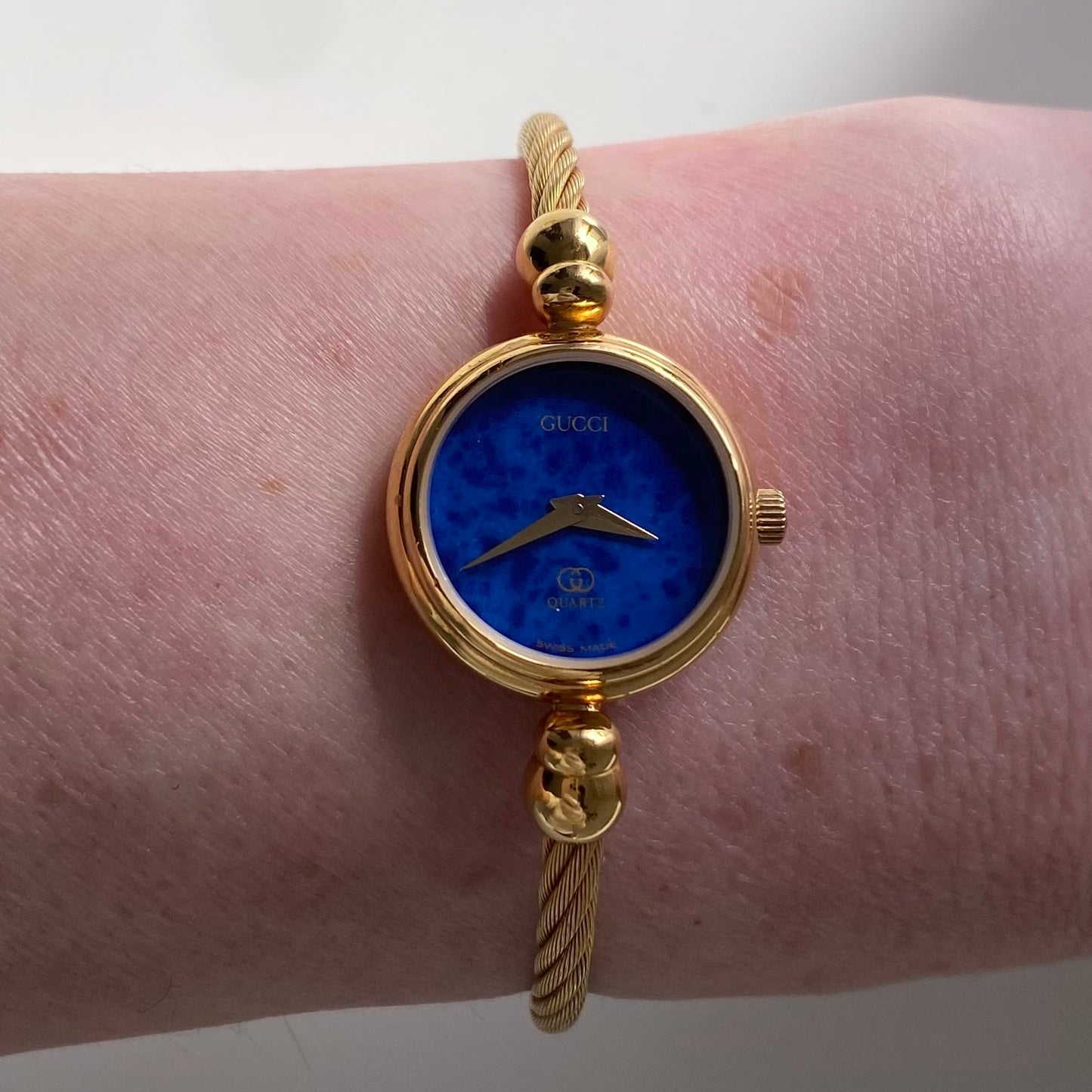 Gucci 1990s Blue Dial Gold Plated Bangle Watch