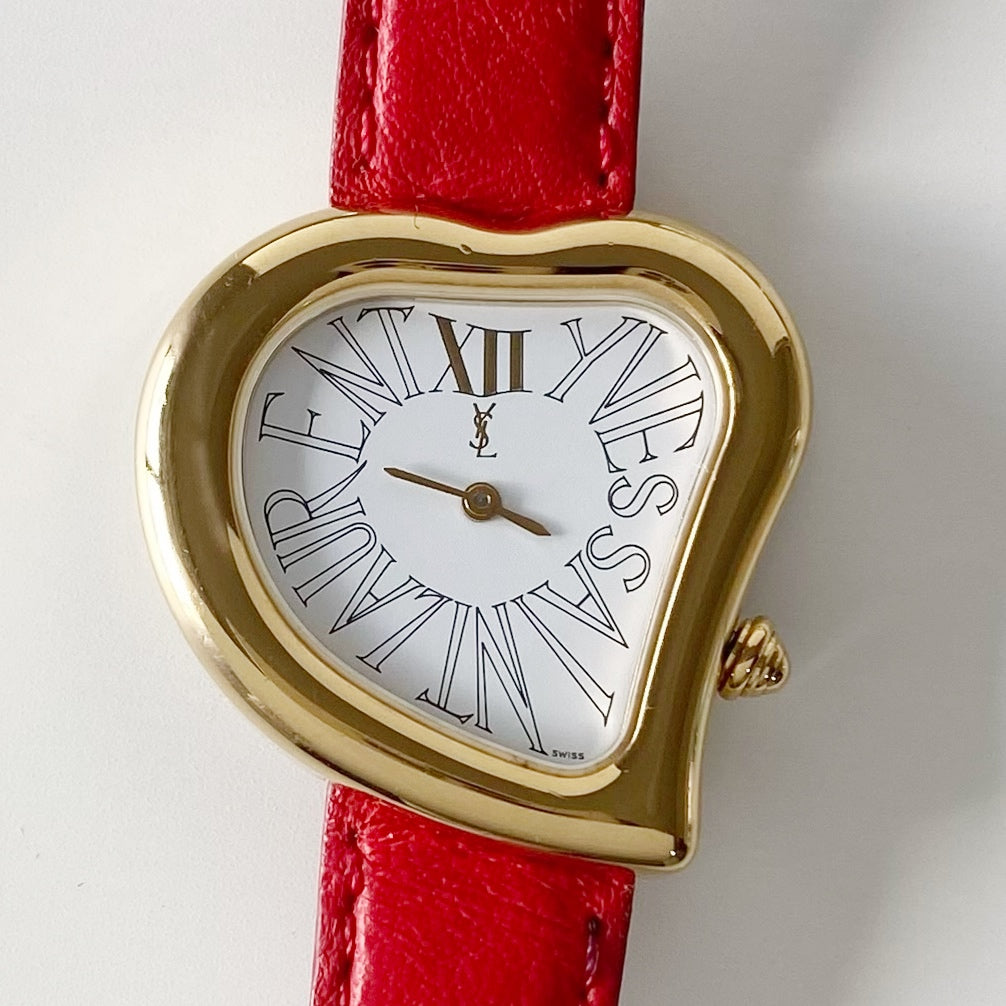 Yves Saint Laurent 1990s Heart Shaped Gold Plated Red Watch