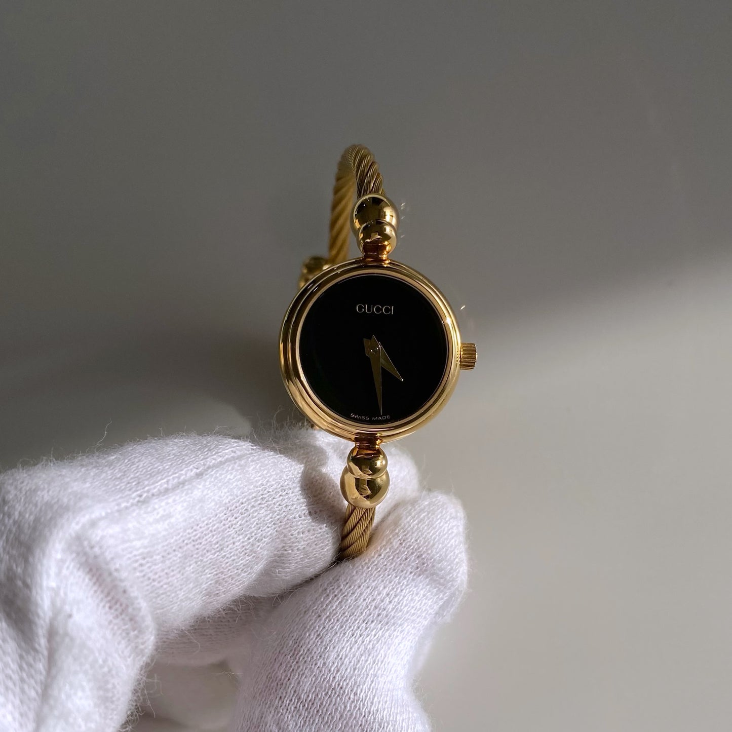 Gucci 1990s Black Dial Gold Plated Bangle Watch