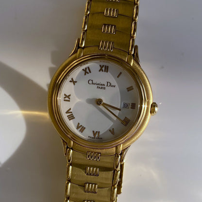 Dior Early 1990s Date Gold Plated Round Watch