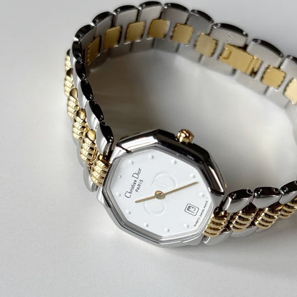 Dior 1990s Octagon Dial Two Tone Gold Plated Watch