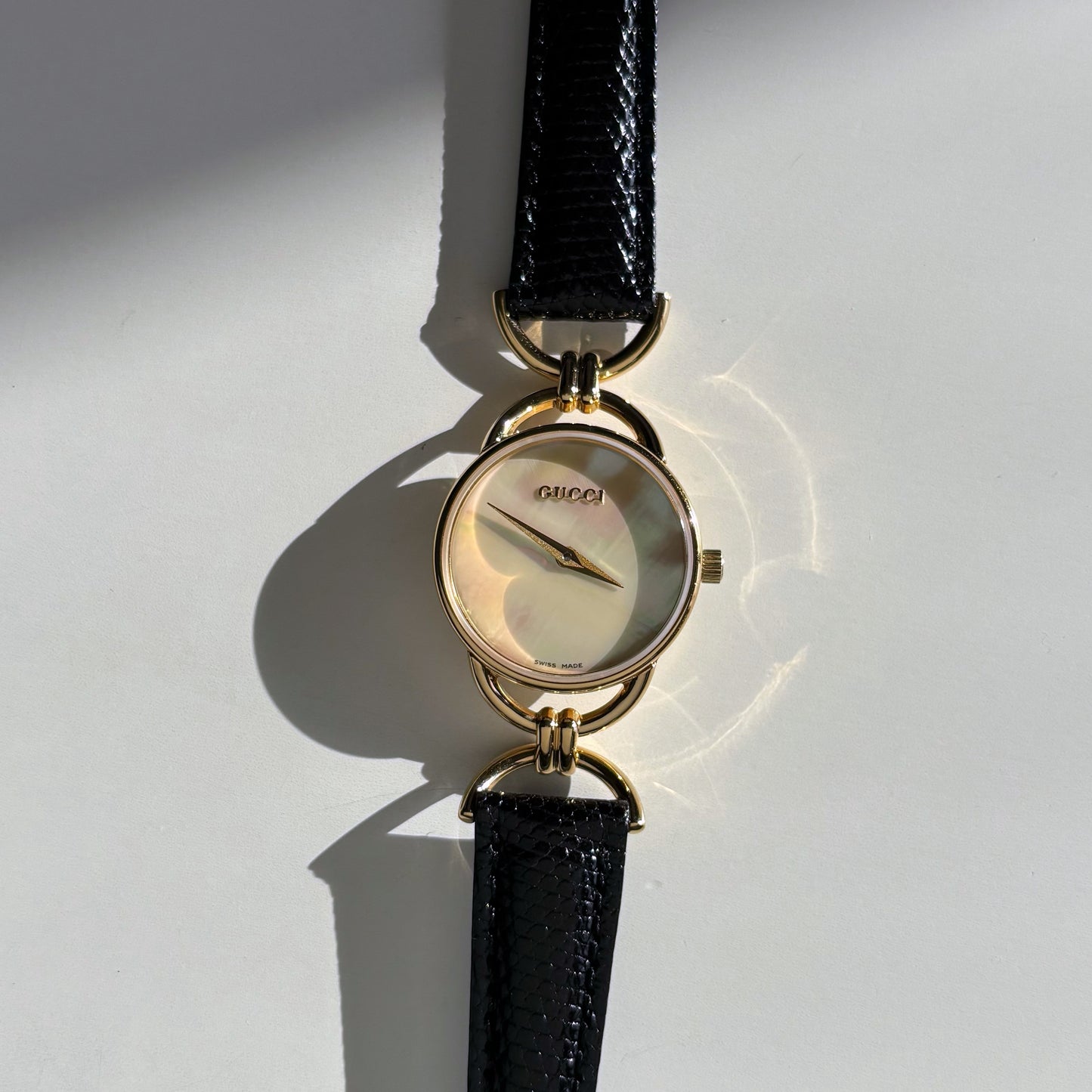 Gucci 1990s Seashell Dial Gold Plated Horsebit Watch