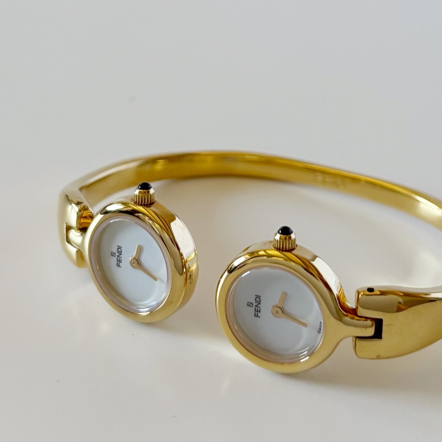 Fendi 1990s Seashell Dial Two Time Zone Gold Plated Bangle Watch
