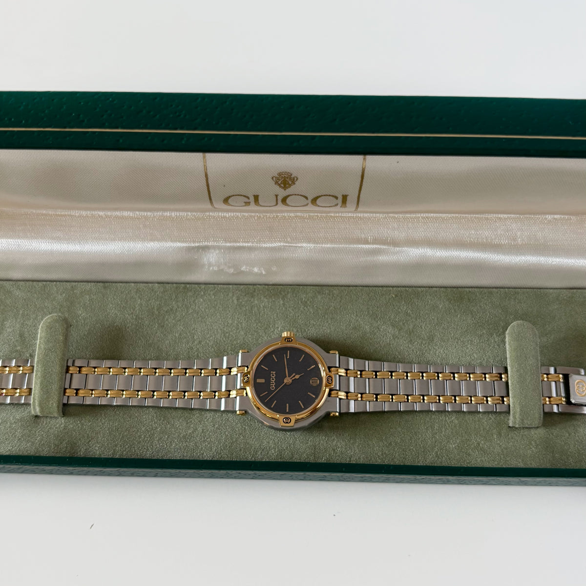 Gucci 1990s Date Black Round Dial Two-Tone Gold-Plated Watch