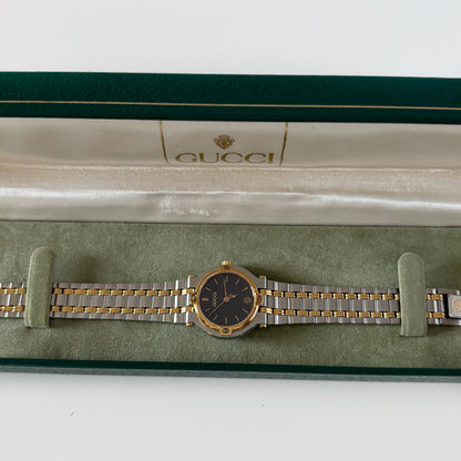 Gucci 1990s Date Black Round Dial Two-Tone Gold-Plated Watch