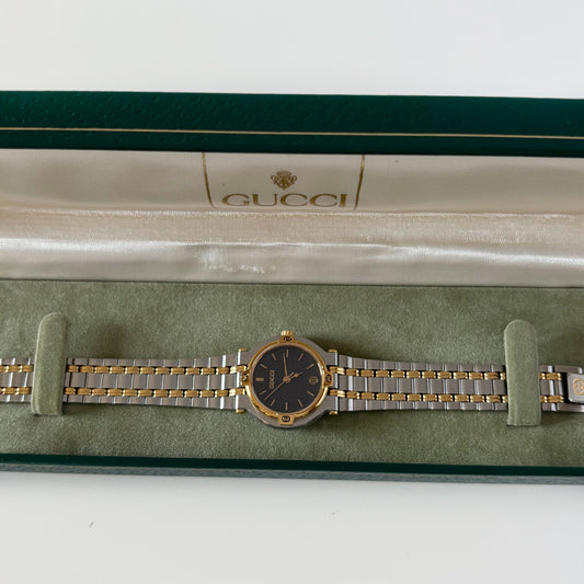 Gucci 1990s Date Black Round Dial Two-Tone Gold-Plated Watch