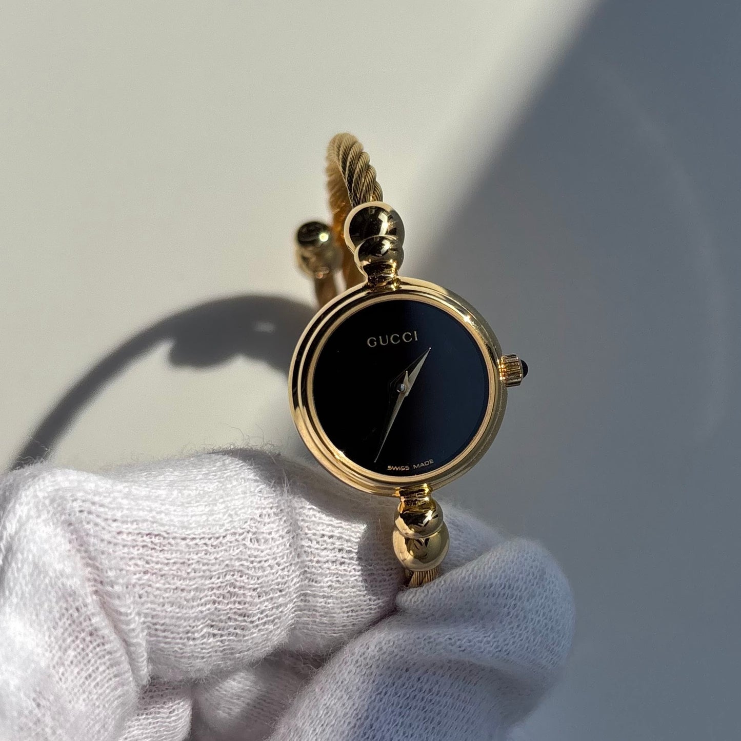 Gucci 1990s Black Dial Gold Plated Cable Band Bangle Watch