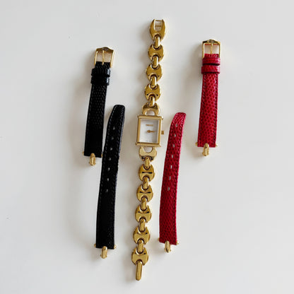Gucci 1990s Interchangeable Strap Gold Plated Watch Watch with 3 belts, case