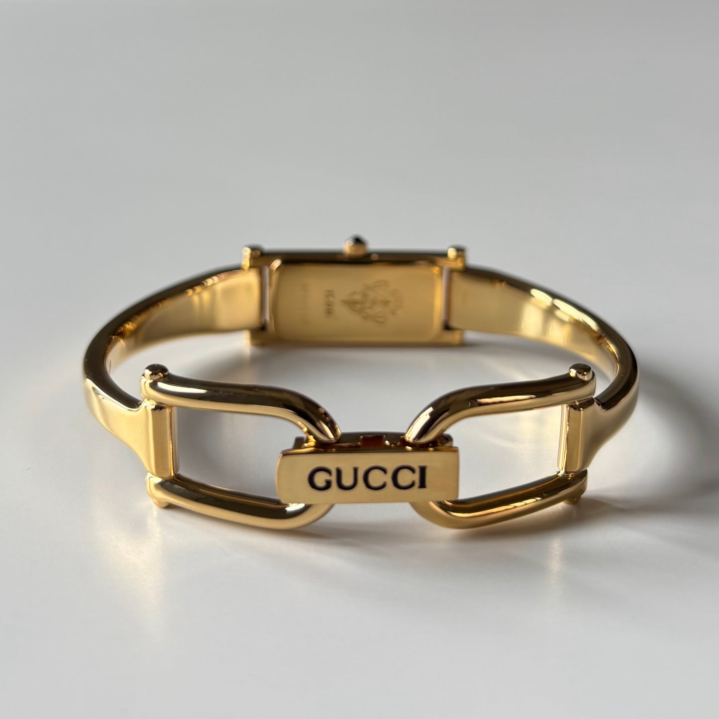 Gucci 1990s Seashell Rectangular Dial Gold Plated Bangle Watch