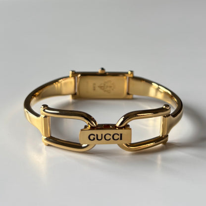 Gucci 1990s Seashell Rectangular Dial Gold Plated Bangle Watch