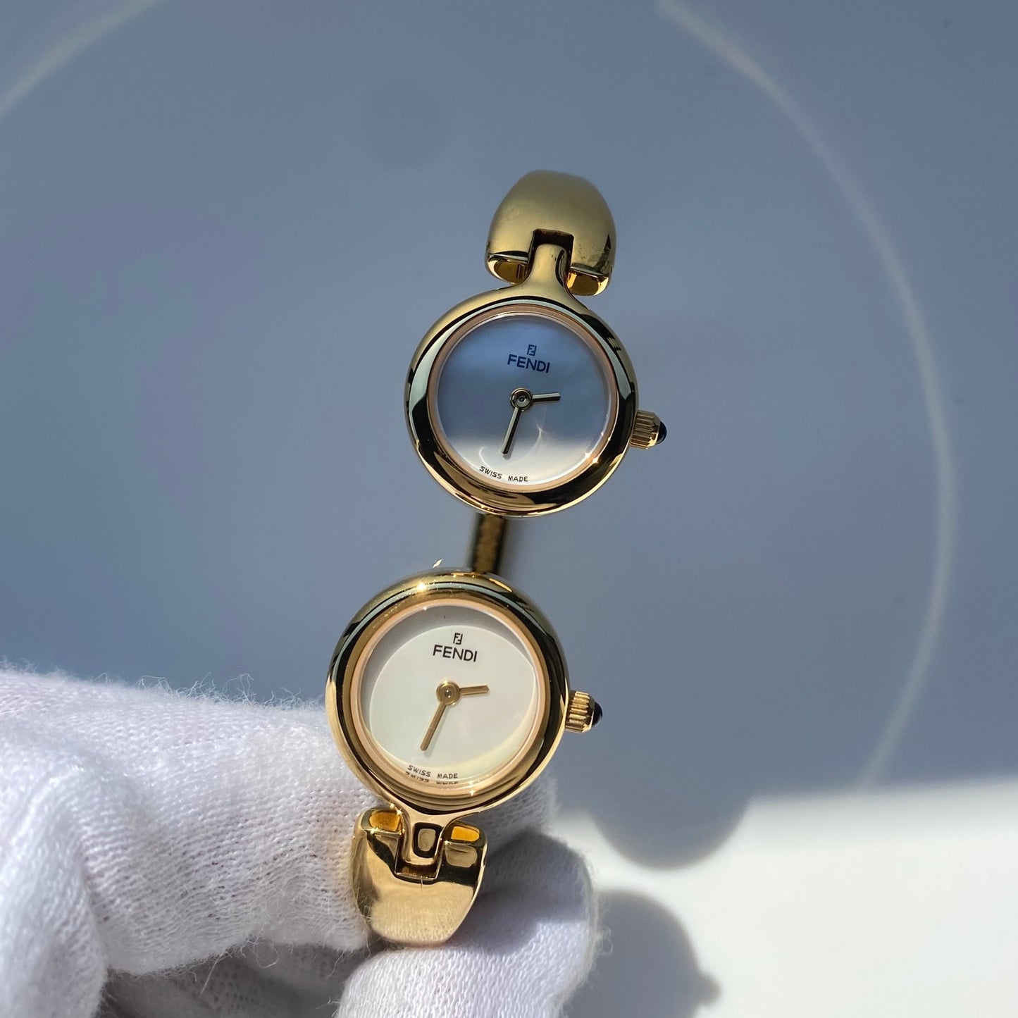 Fendi 1990s Seashell Dial Two Time Zone Gold Plated Bangle Watch