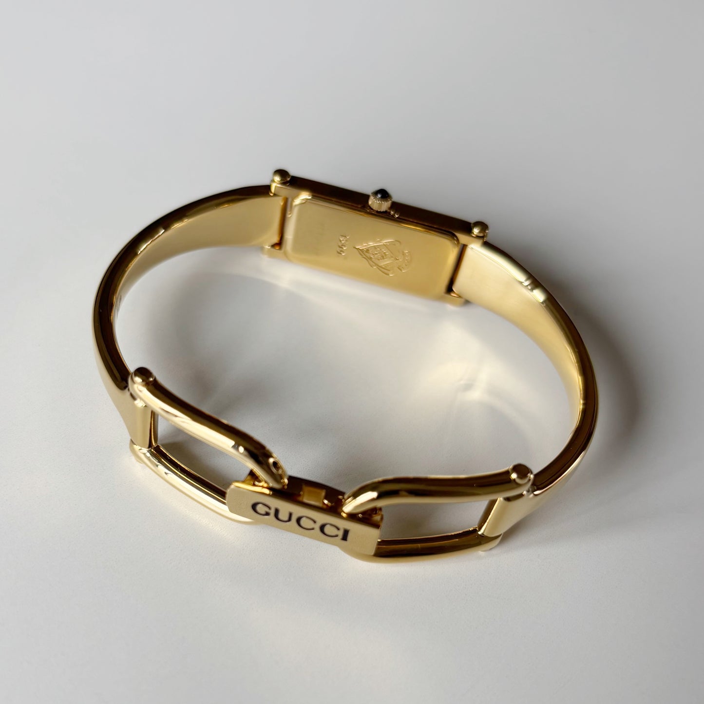 Gucci 1990s Seashell Rectangular Dial Gold Plated Bangle Watch