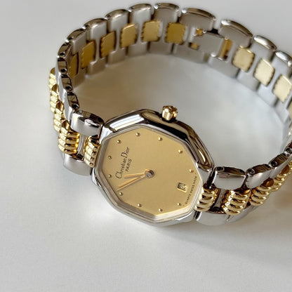 Dior 1990s Octagon Two Tone Gold Plated Watch