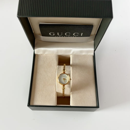 Gucci 1990s Seashell Dial Gold Plated Cable Bangle Watch