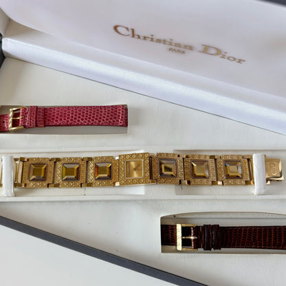 Dior 1990s Square Dial Interchangeable Strap Gold-Plated Watch