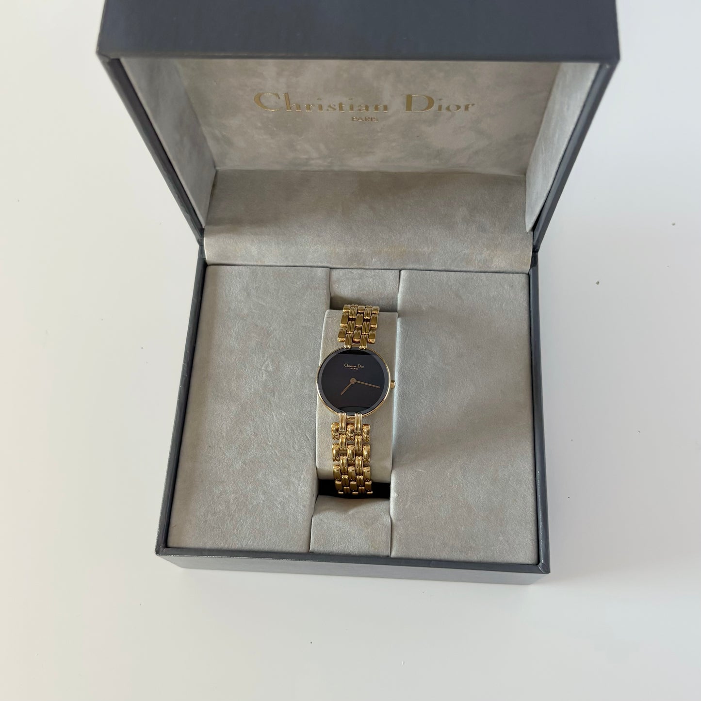 Dior 1990s Bagheera Black Dial Gold Plated Round Watch