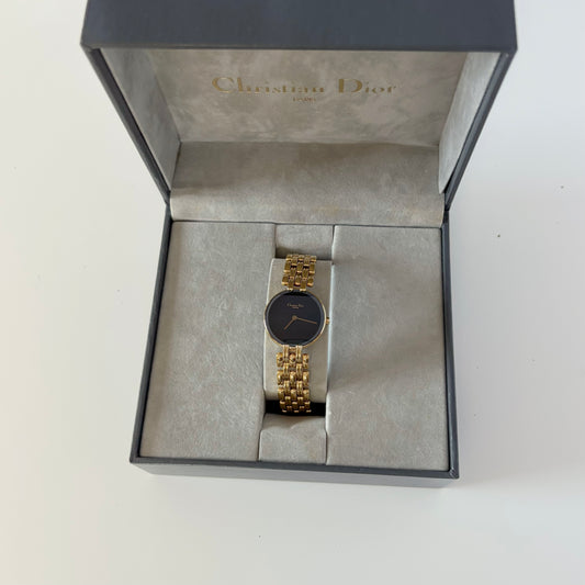 Dior 1990s Bagheera Black Dial Gold Plated Round Watch