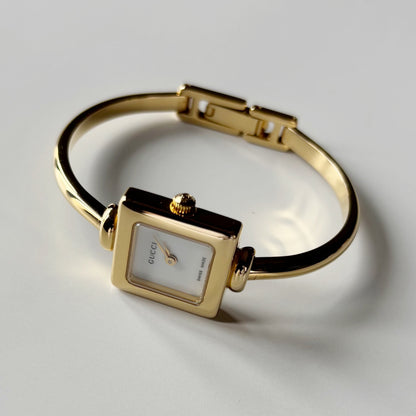 Gucci 1990s Square Dial Gold Plated Bangle Watch (Small)