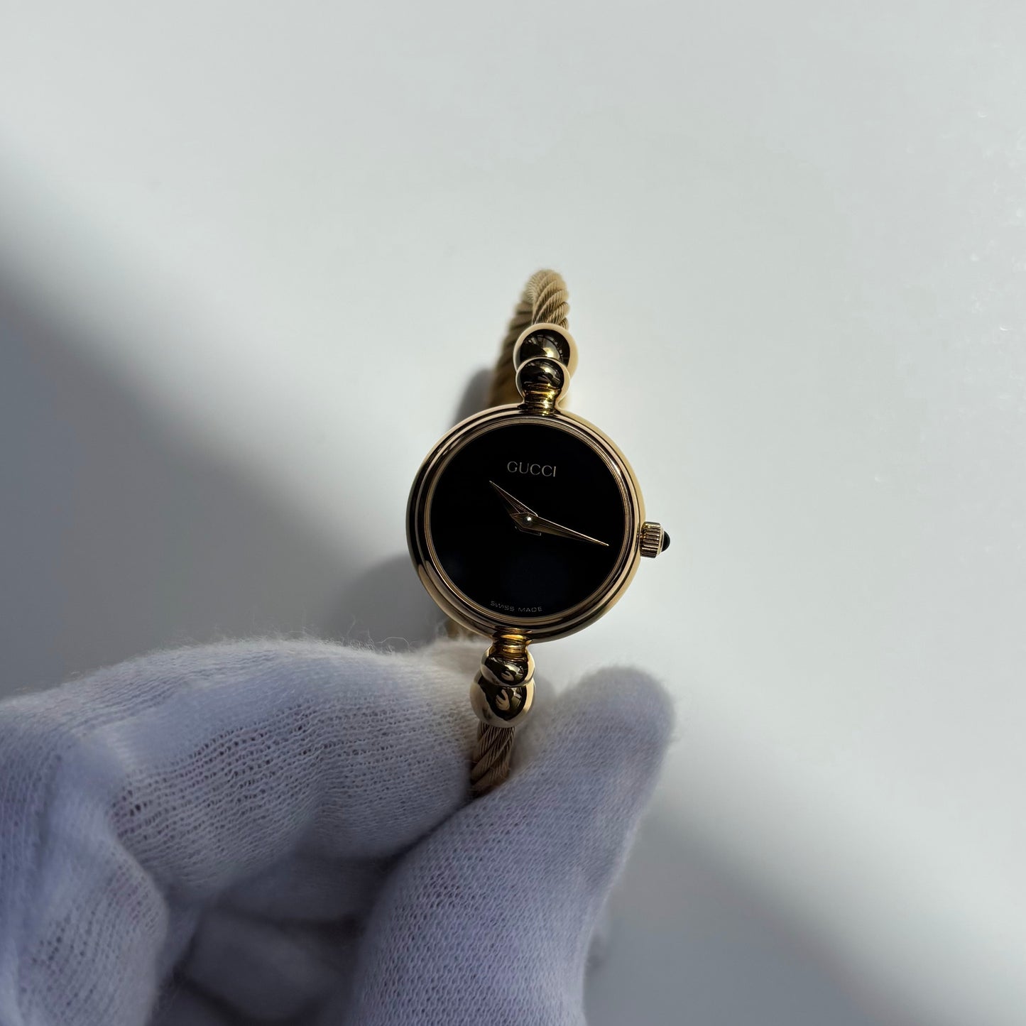 Gucci 1990s Black Dial Gold Plated Cable Bangle Watch