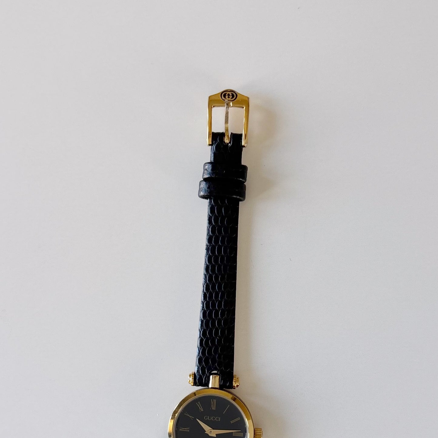 Gucci 1990s Black Round Dial Gold Plated Watch