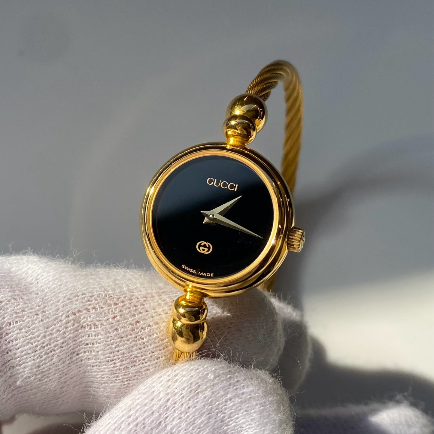 Gucci 1990s Black Dial Gold Plated Cable Bangle Watch