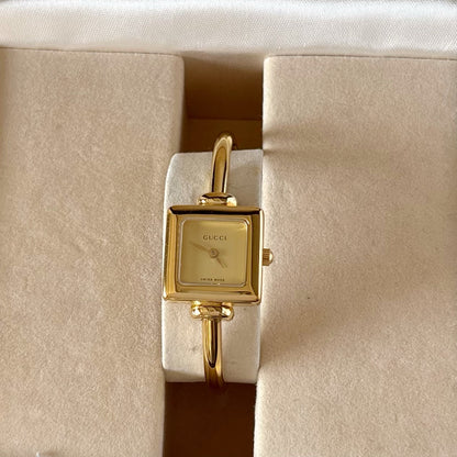 Gucci 1990s Square Dial Gold Plated Bangle Watch (Small)